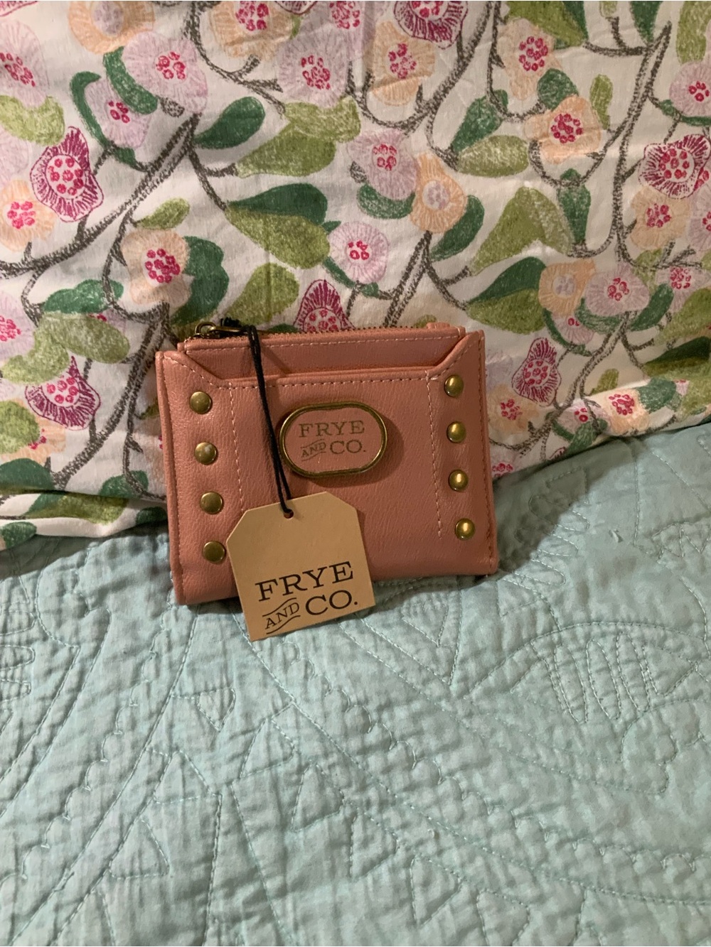 FRYE AND CO. Blush Pink Leather Card Wallet with Brass Studs